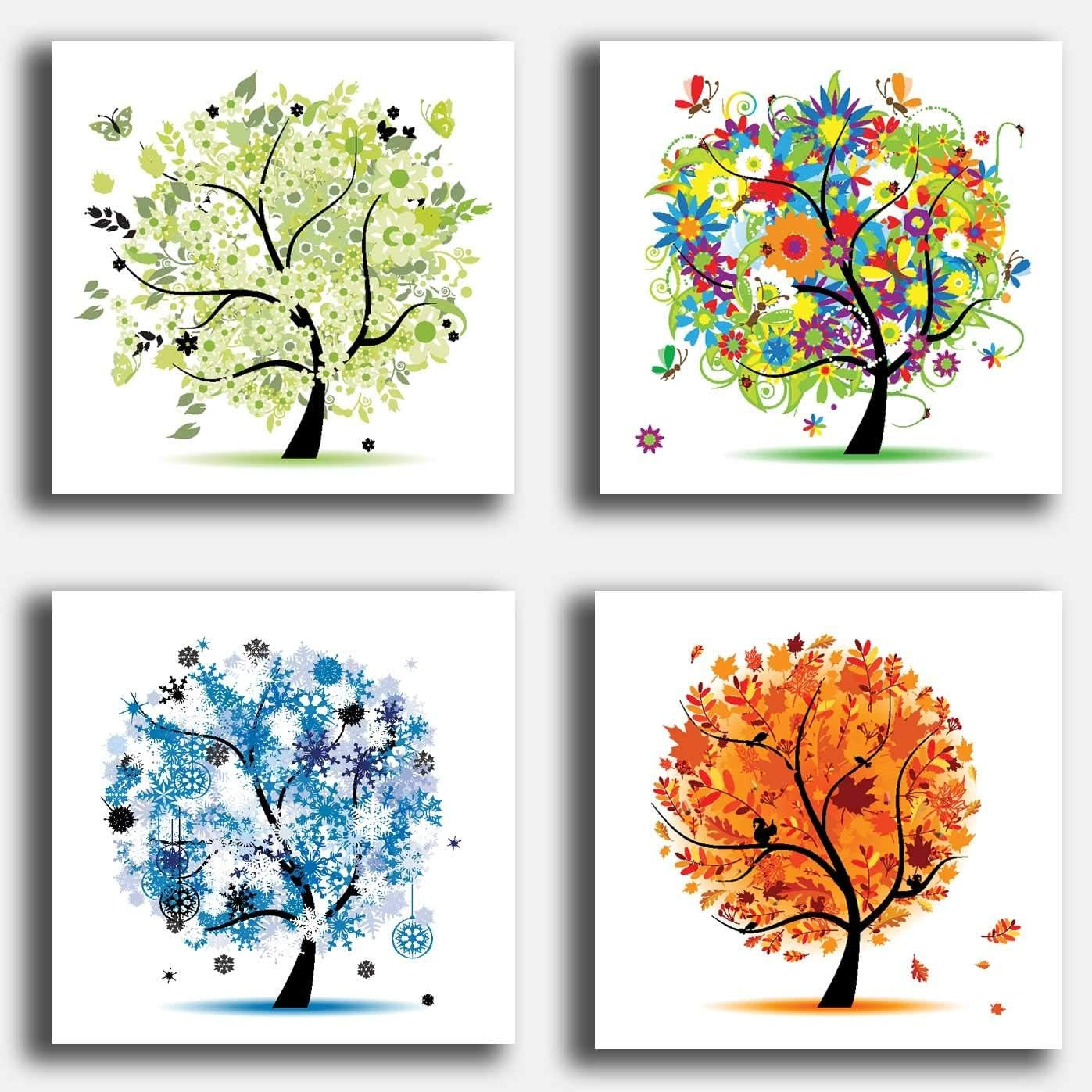Set di 4 Quadri Albero della Vita Quattro Stagioni Stampa su Tela Canvas 30 x 30 cm
