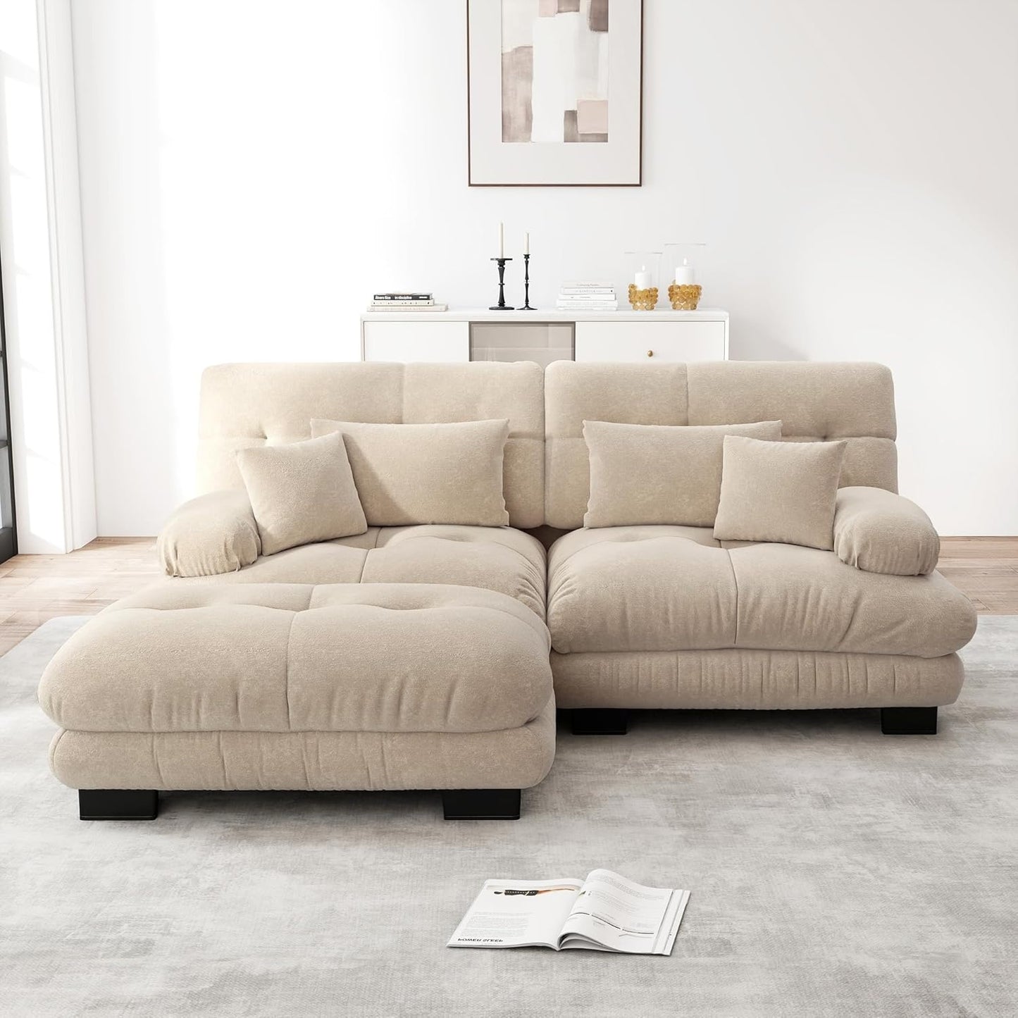 Divano Angolare in Ciniglia con Pouf 2 Cuscini Lombari e 2 Cuscini Decorativi Marrone Chiaro