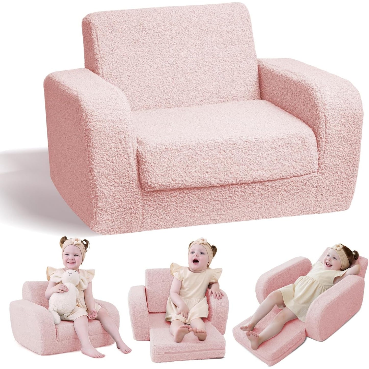Divanetto per Bambini 3 in 1 Pieghevole Trasformabile in Materassino Rosa