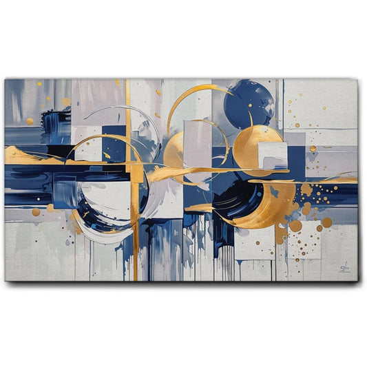 Quadro Moderno su Tela Canvas Astratta con Cerchi Dorati Pronto da Appendere 140 x 80 cm