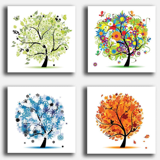 Set di 4 Quadri Albero della Vita Quattro Stagioni Stampa su Tela Canvas 30 x 30 cm