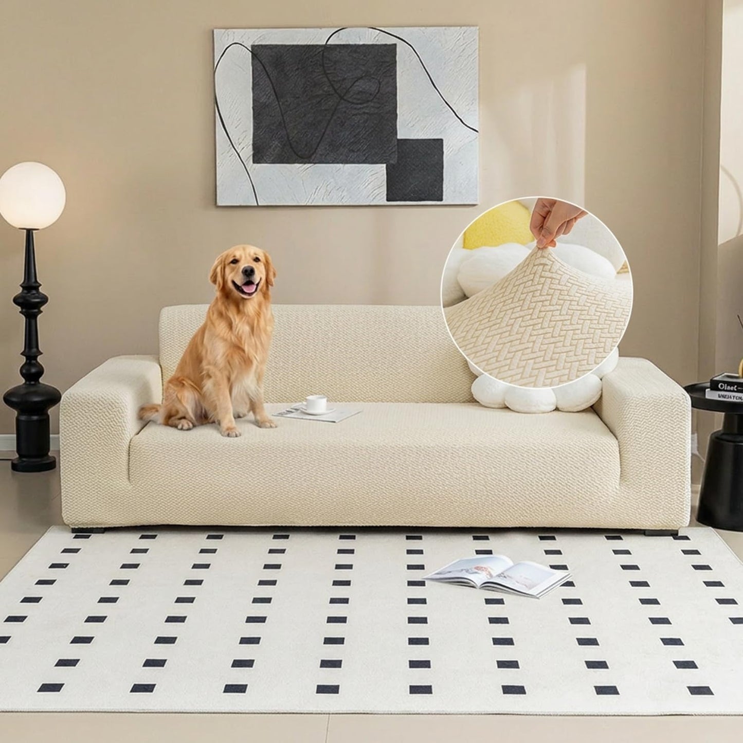 Protezione Jacquard per Poltrona con Braccioli Tessuto Elasticizzato Antimacchia Colore Beige