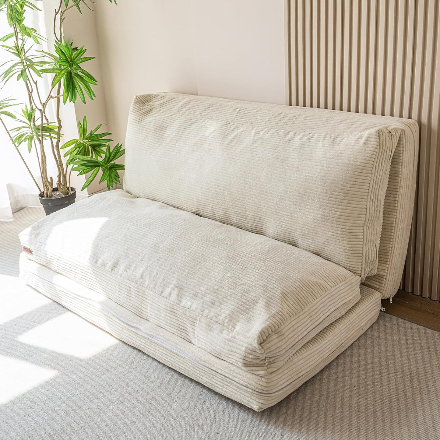 Divano pieghevole in velluto a coste con imbottitura in schiuma e fodera lavabile beige 100 x 240 cm