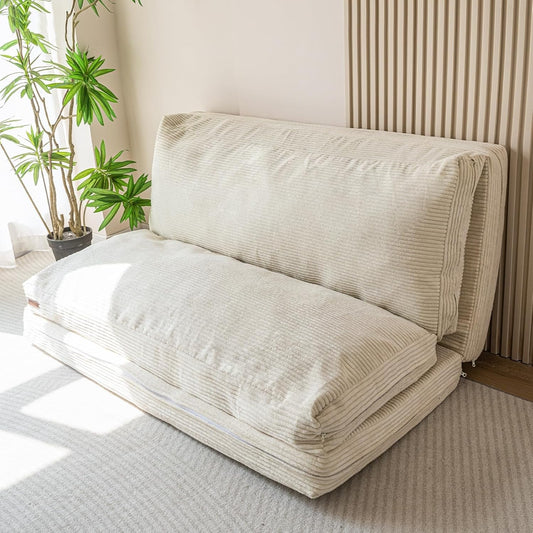 Divano pieghevole in velluto a coste con imbottitura in schiuma e fodera lavabile beige 100 x 240 cm